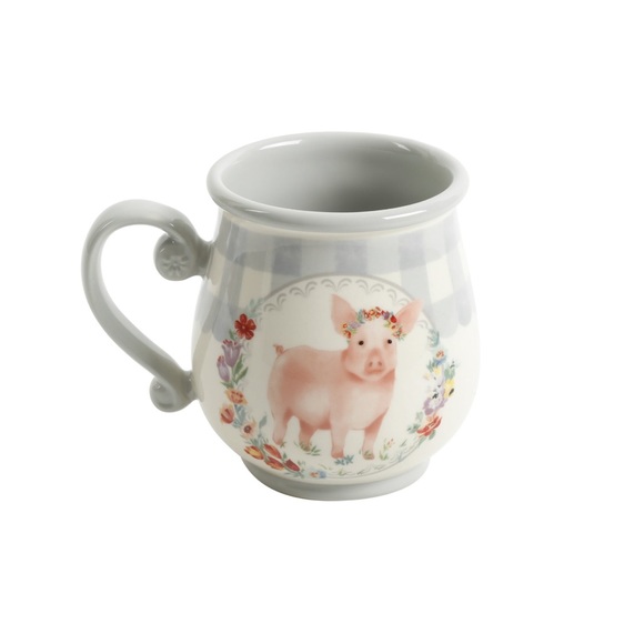 New Pioneer Woman Novelty Gingham 16-Ounce Mug “Pot Belly Mug” Gray/White - Picture 1 of 5